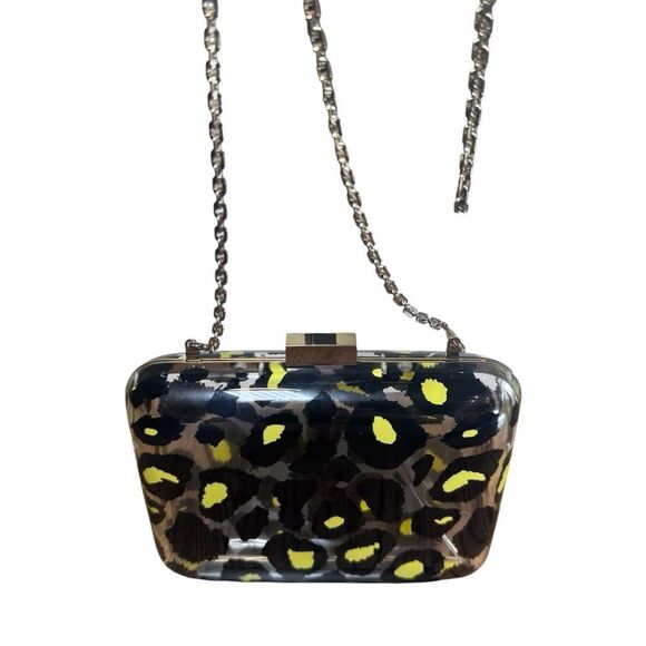 VALENTINO GARAVANI Black Yellow Leopard Print Acrylic Framed Clutch Chainlink - Picture 4 of 15